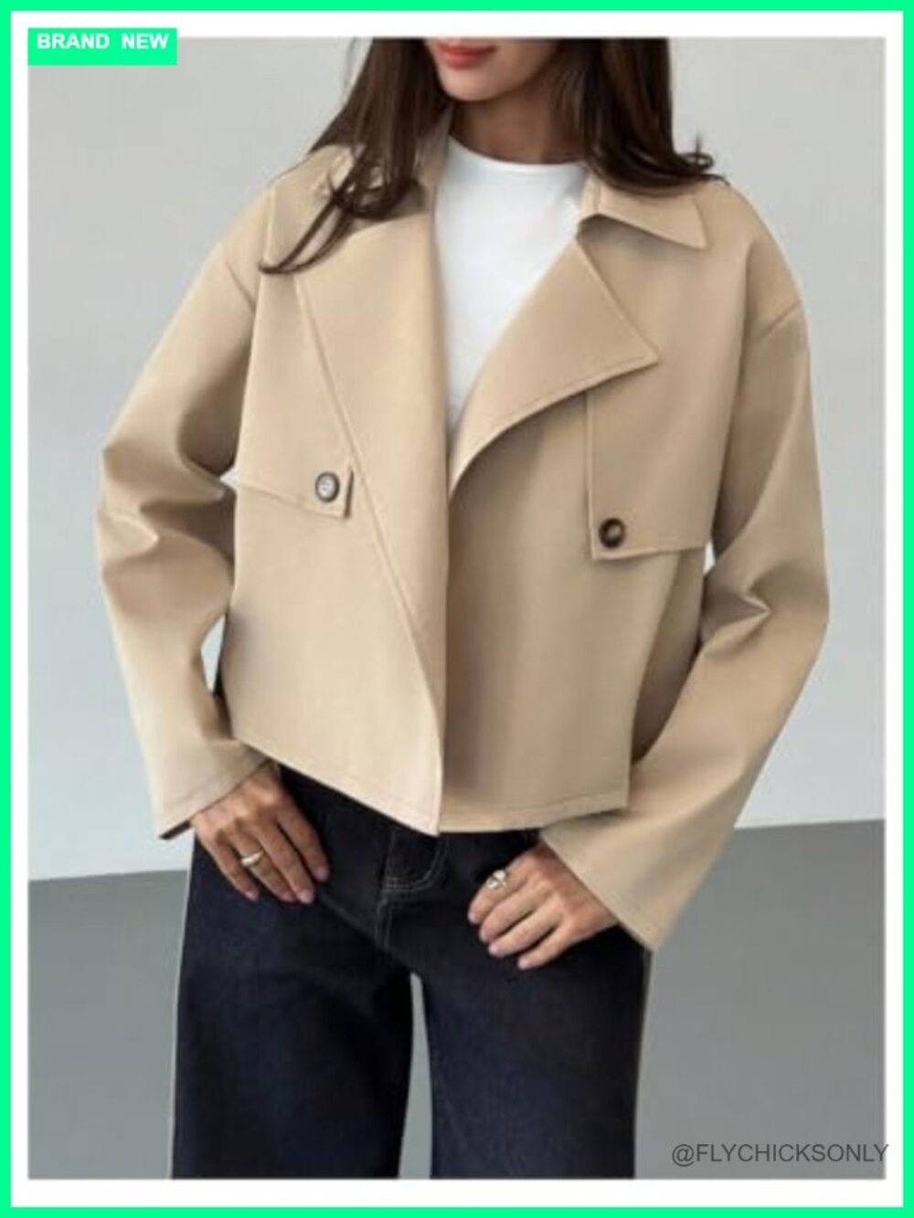 Cropped Trench Coat Long Sleeve Belt Business Casual Work Outerwear - Picture 2 of 4